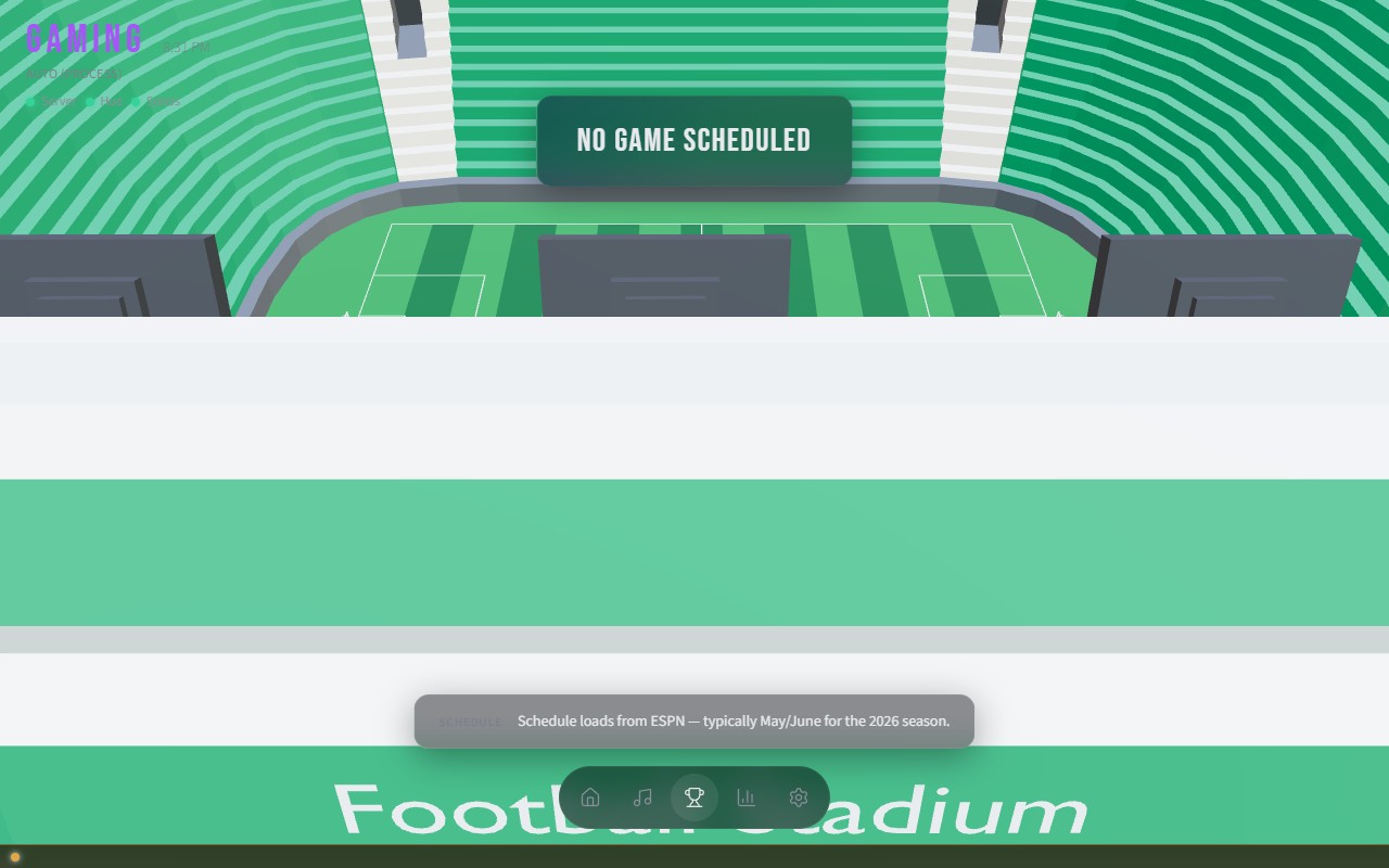 Home Hub dashboard during a Colts game — three-zone celebration palette
